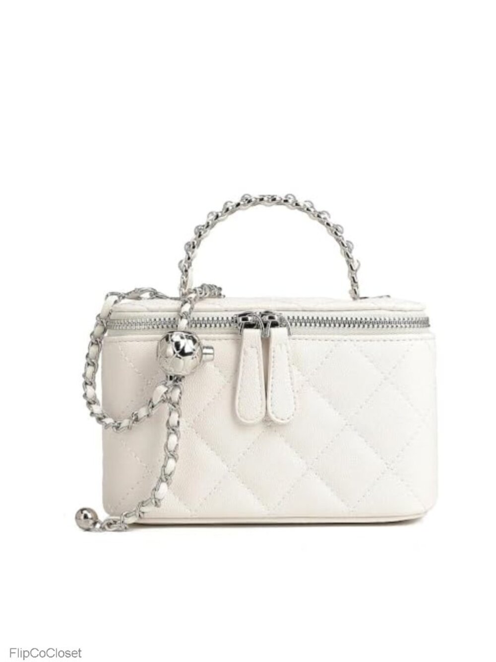 Quilted Vanity Bag for Women - Mini Box Crossbody Purse with Pearl Chain and